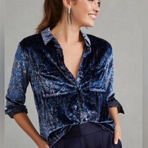 Pilcro Anthropologie Velvet Button Down Shirt Blue Paisley Size 8
